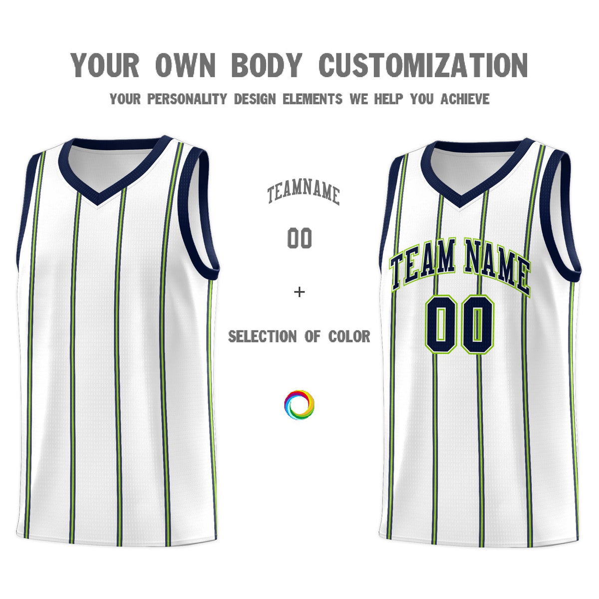Custom White Navy Neon Green Vertical Stripes Single Sided Sets Basketball Jersey | For Men,Stitched,Perfect for Training,Add Name and Numbern | KXKSHOP