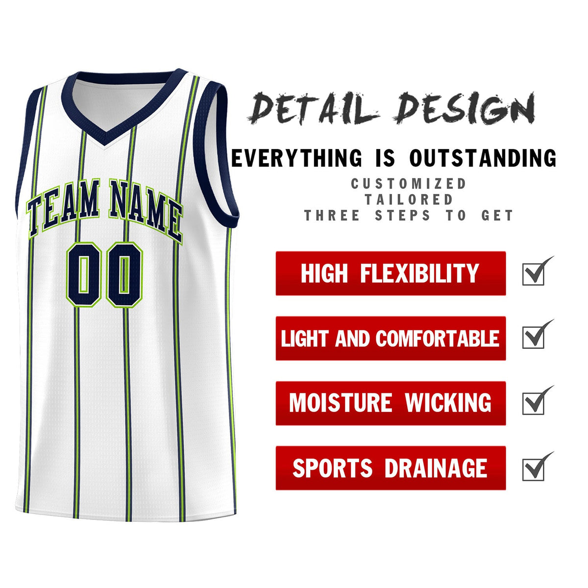 Custom White Navy Neon Green Vertical Stripes Single Sided Sets Basketball Jersey | For Men,Stitched,Perfect for Training,Add Name and Numbern | KXKSHOP