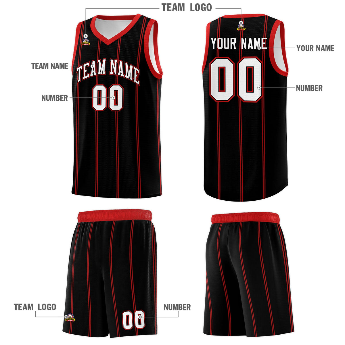 Custom Black Red White Vertical Stripes Single Sided Sets Basketball Jersey | For Men,Stitched,Perfect for Training,Add Name and Numbern | KXKSHOP