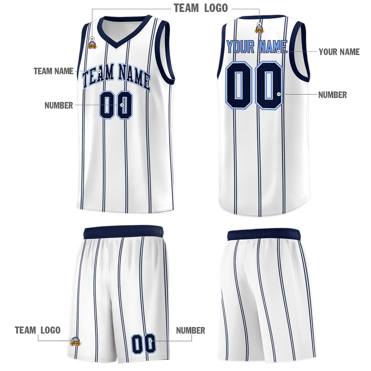 Custom White Navy Light Blue Vertical Stripes Single Sided Sets Basketball Jersey | For Men,Stitched,Perfect for Training,Add Name and Numbern | KXKSHOP