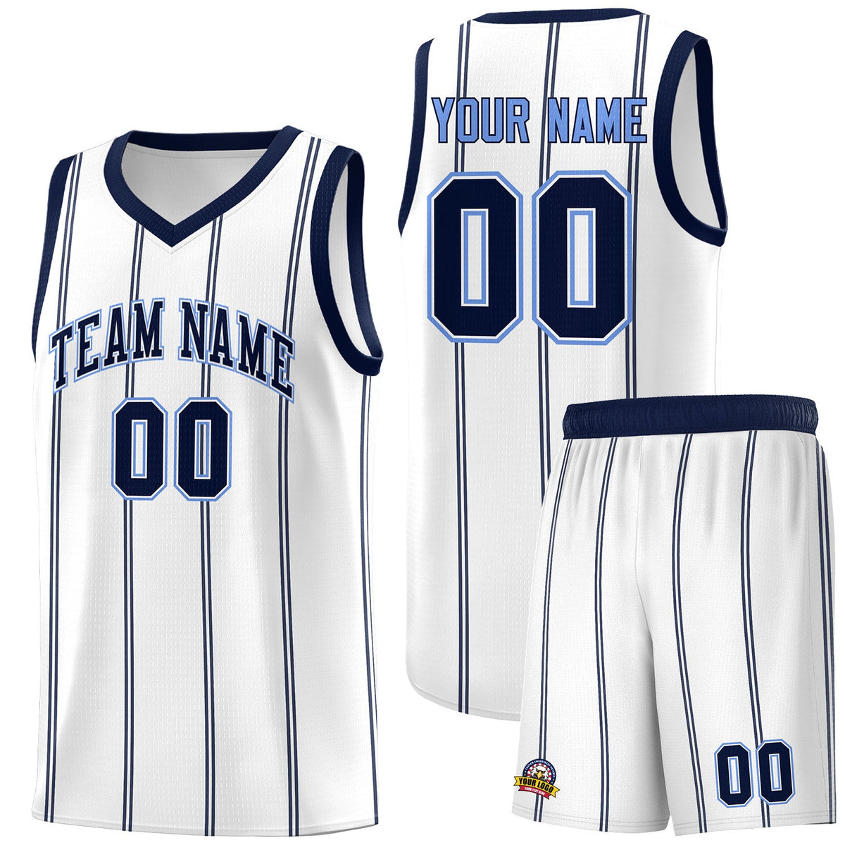 Custom White Navy Light Blue Vertical Stripes Single Sided Sets Basketball Jersey | For Men,Stitched,Perfect for Training,Add Name and Numbern | KXKSHOP