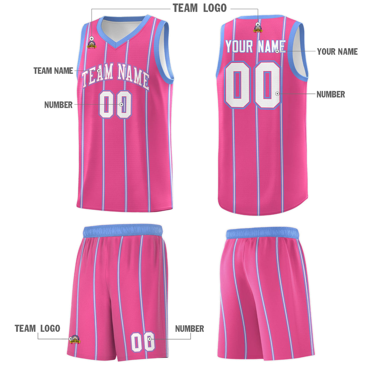 Custom Pink Light Blue White Vertical Stripes Single Sided Sets Basketball Jersey | For Men,Stitched,Perfect for Training,Add Name and Numbern | KXKSHOP