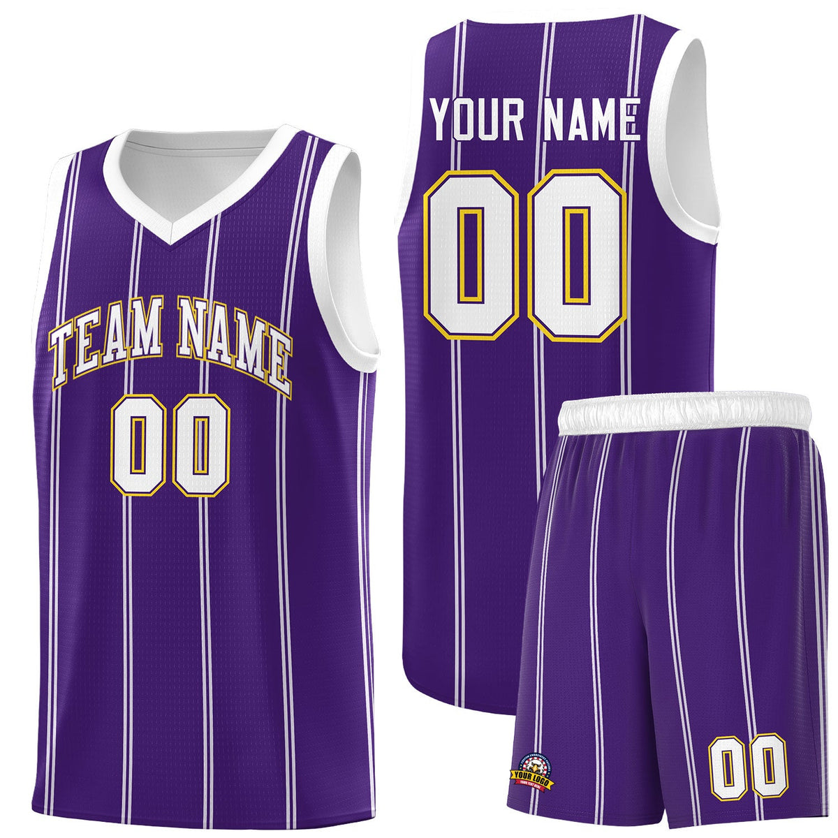 Custom Purple White Gold Vertical Stripes Single Sided Sets Basketball Jersey | For Men,Stitched,Perfect for Training,Add Name and Numbern | KXKSHOP