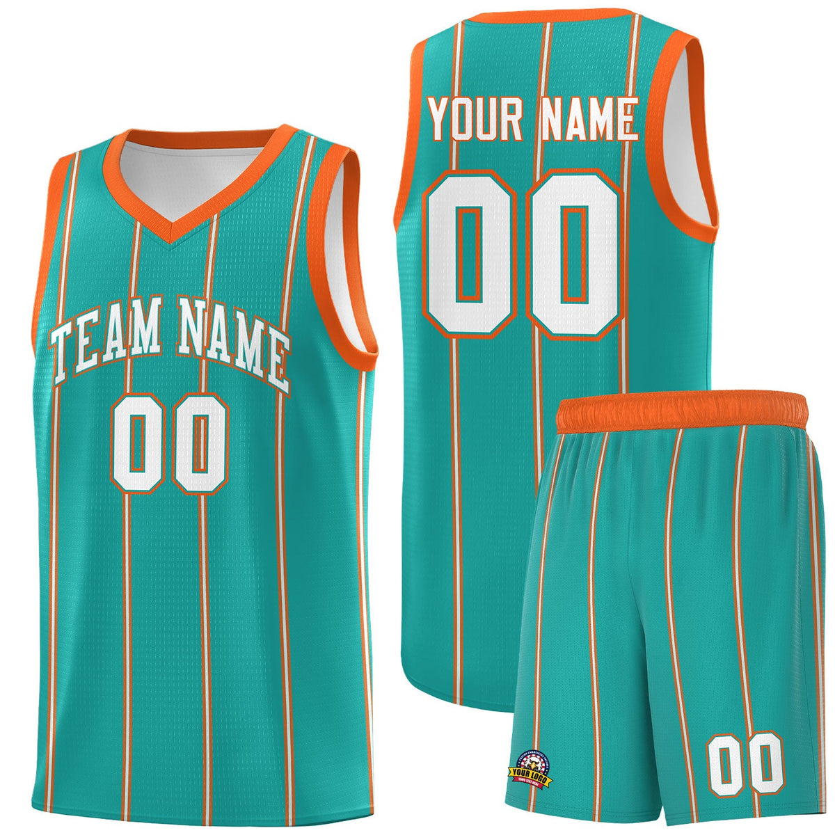 Custom Aqua Orange White Vertical Stripes Single Sided Sets Basketball Jersey | For Men,Stitched,Perfect for Training,Add Name and Numbern | KXKSHOP