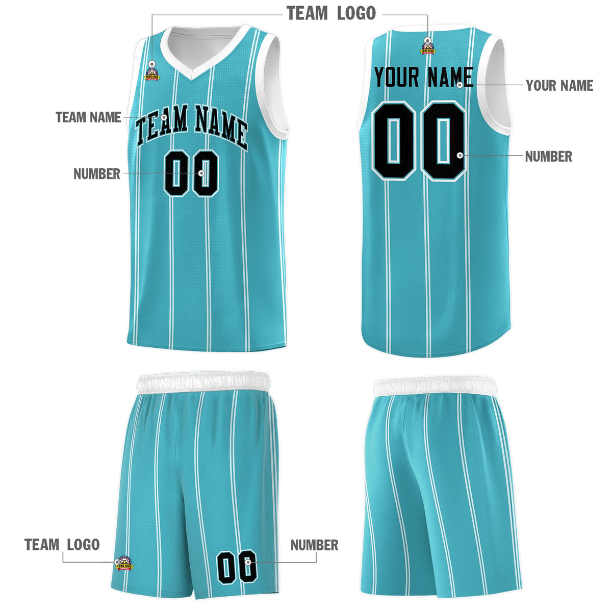 Custom Sky Blue White Black Vertical Stripes Single Sided Sets Basketball Jersey | For Men,Stitched,Perfect for Training,Add Name and Numbern | KXKSHOP