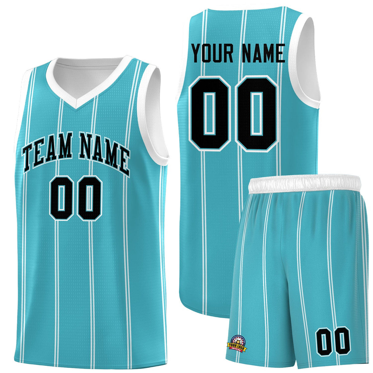 Custom Sky Blue White Black Vertical Stripes Single Sided Sets Basketball Jersey | For Men,Stitched,Perfect for Training,Add Name and Numbern | KXKSHOP