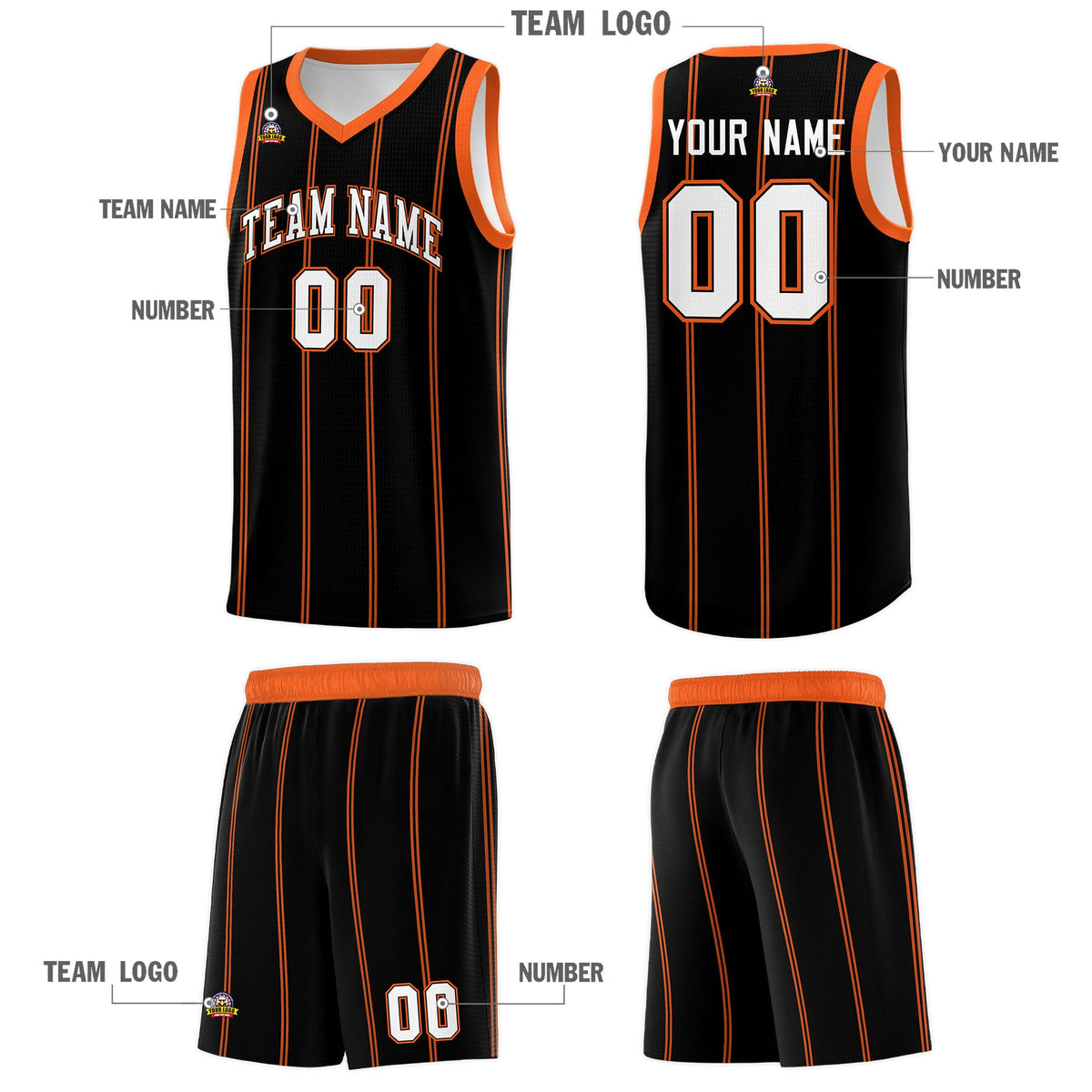 Custom Black Orange White Vertical Stripes Single Sided Sets Basketball Jersey | For Men,Stitched,Perfect for Training,Add Name and Numbern | KXKSHOP