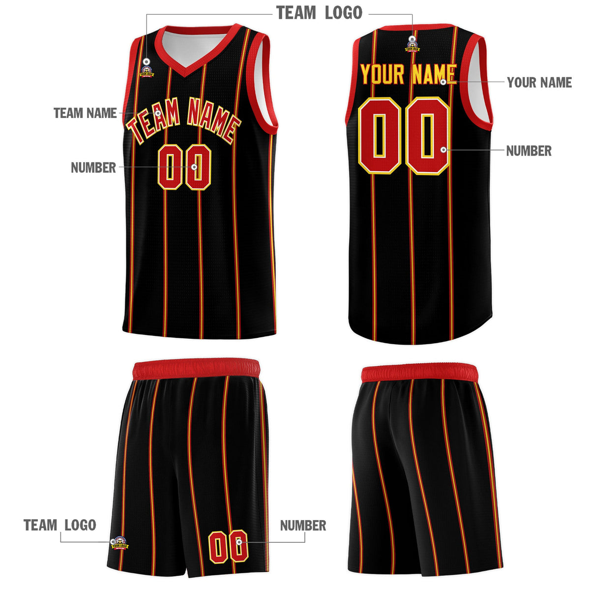 Custom Black Red White Gold Vertical Stripes Single Sided Sets Basketball Jersey | For Men,Stitched,Perfect for Training,Add Name and Numbern | KXKSHOP