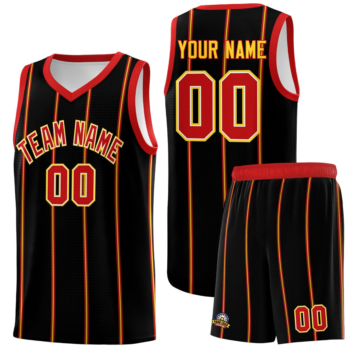 Custom Black Red White Gold Vertical Stripes Single Sided Sets Basketball Jersey | For Men,Stitched,Perfect for Training,Add Name and Numbern | KXKSHOP