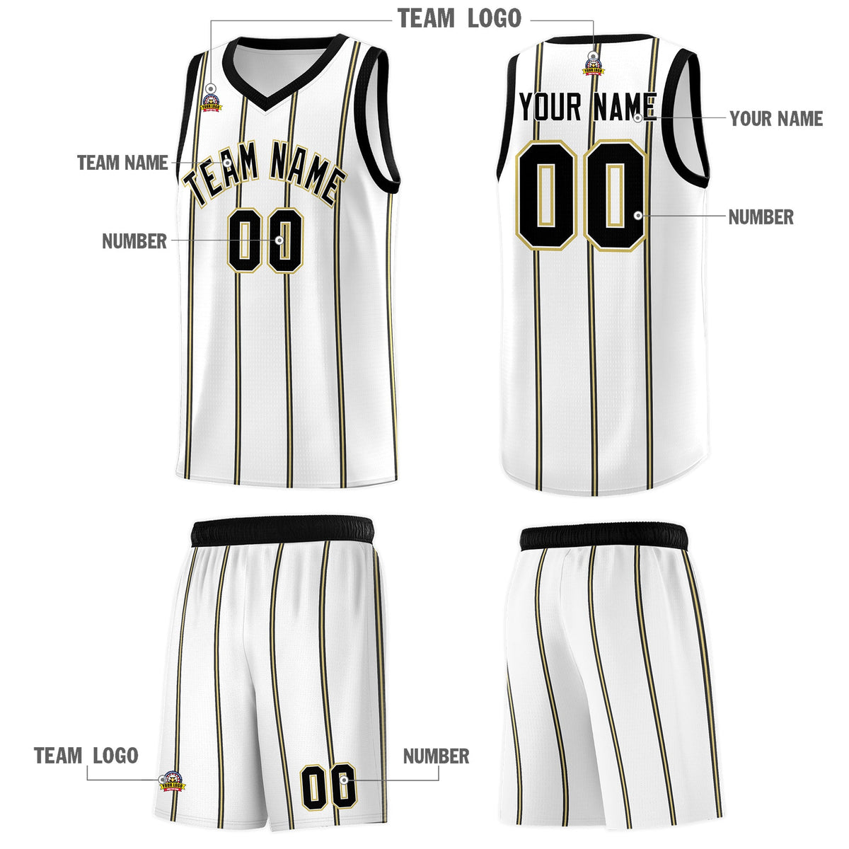 Custom White Black Old Gold Vertical Stripes Single Sided Sets Basketball Jersey | For Men,Stitched,Perfect for Training,Add Name and Numbern | KXKSHOP