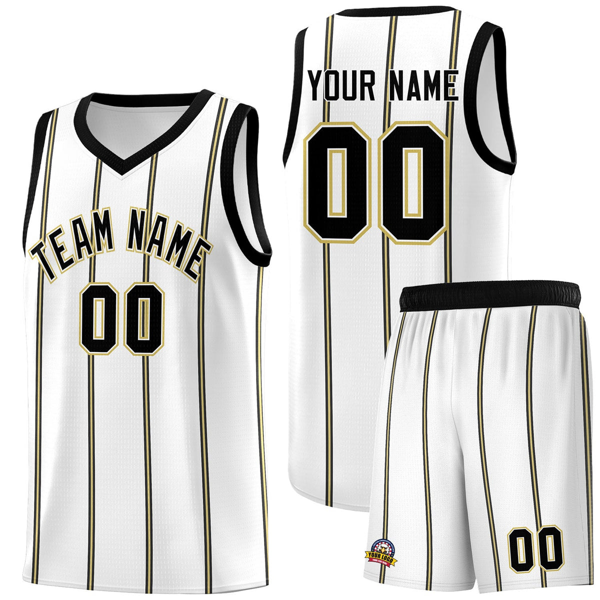 Custom White Black Old Gold Vertical Stripes Single Sided Sets Basketball Jersey | For Men,Stitched,Perfect for Training,Add Name and Numbern | KXKSHOP