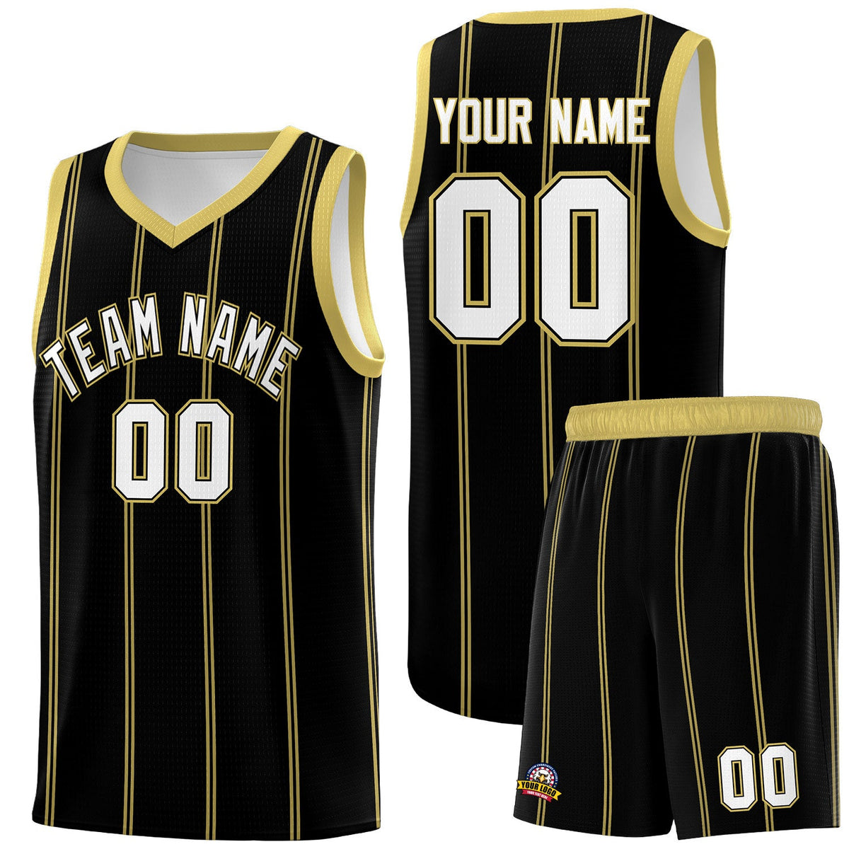 Custom Black Old Gold White Vertical Stripes Single Sided Sets Basketball Jersey | For Men,Stitched,Perfect for Training,Add Name and Numbern | KXKSHOP