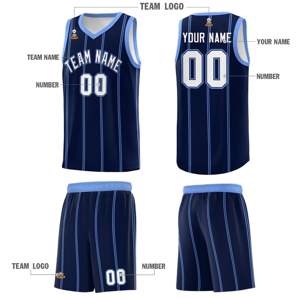 Custom Navy Light Blue White Vertical Stripes Single Sided Sets Basketball Jersey | For Men,Stitched,Perfect for Training,Add Name and Numbern | KXKSHOP