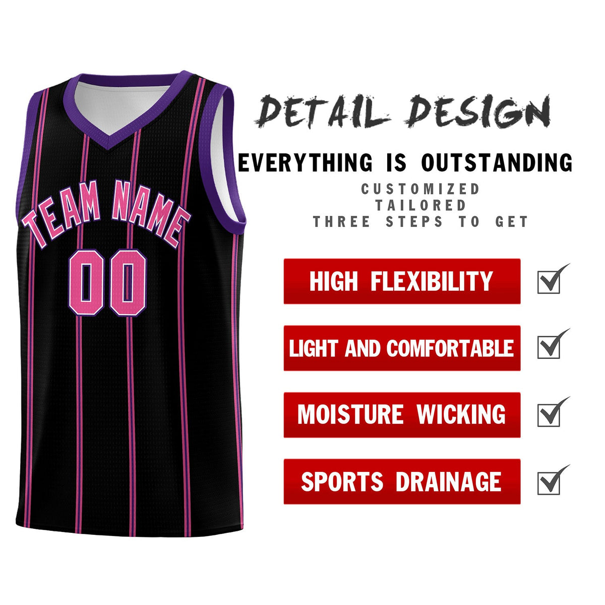 Custom Black Purple Pink White Vertical Stripes Single Sided Sets Basketball Jersey | For Men,Stitched,Perfect for Training,Add Name and Numbern | KXKSHOP