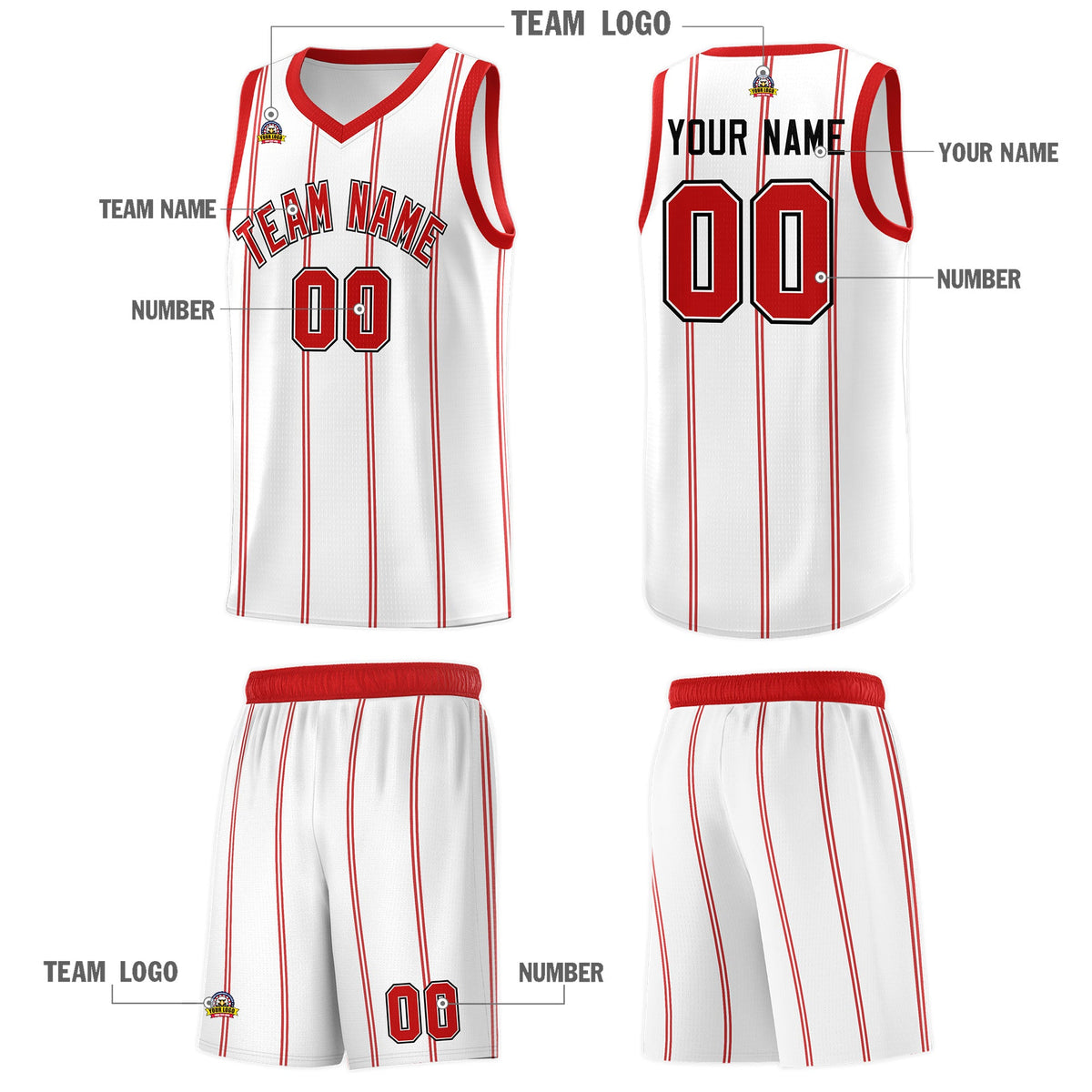 Custom White Red Black Vertical Stripes Single Sided Sets Basketball Jersey | For Men,Stitched,Perfect for Training,Add Name and Numbern | KXKSHOP