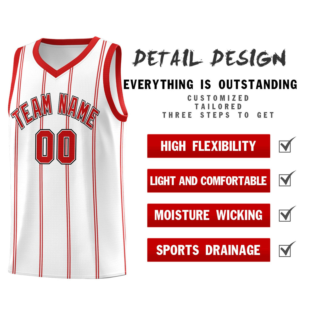 Custom White Red Black Vertical Stripes Single Sided Sets Basketball Jersey | For Men,Stitched,Perfect for Training,Add Name and Numbern | KXKSHOP