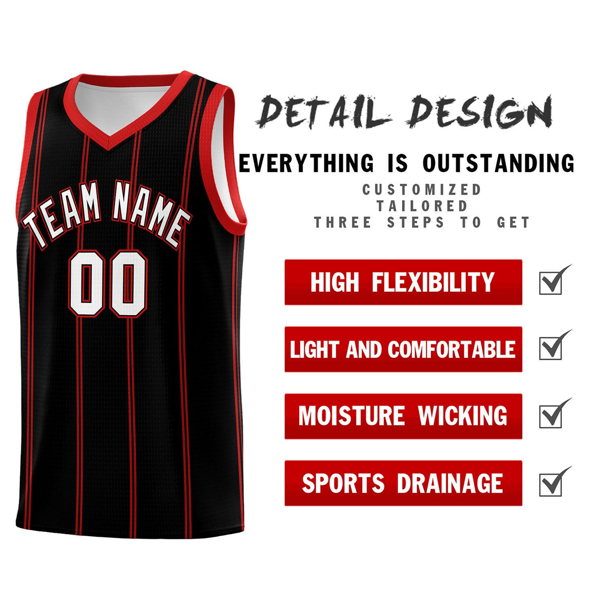 Custom Black Red White Vertical Stripes Single Sided Sets Basketball Jersey | For Men,Stitched,Perfect for Training,Add Name and Numbern | KXKSHOP