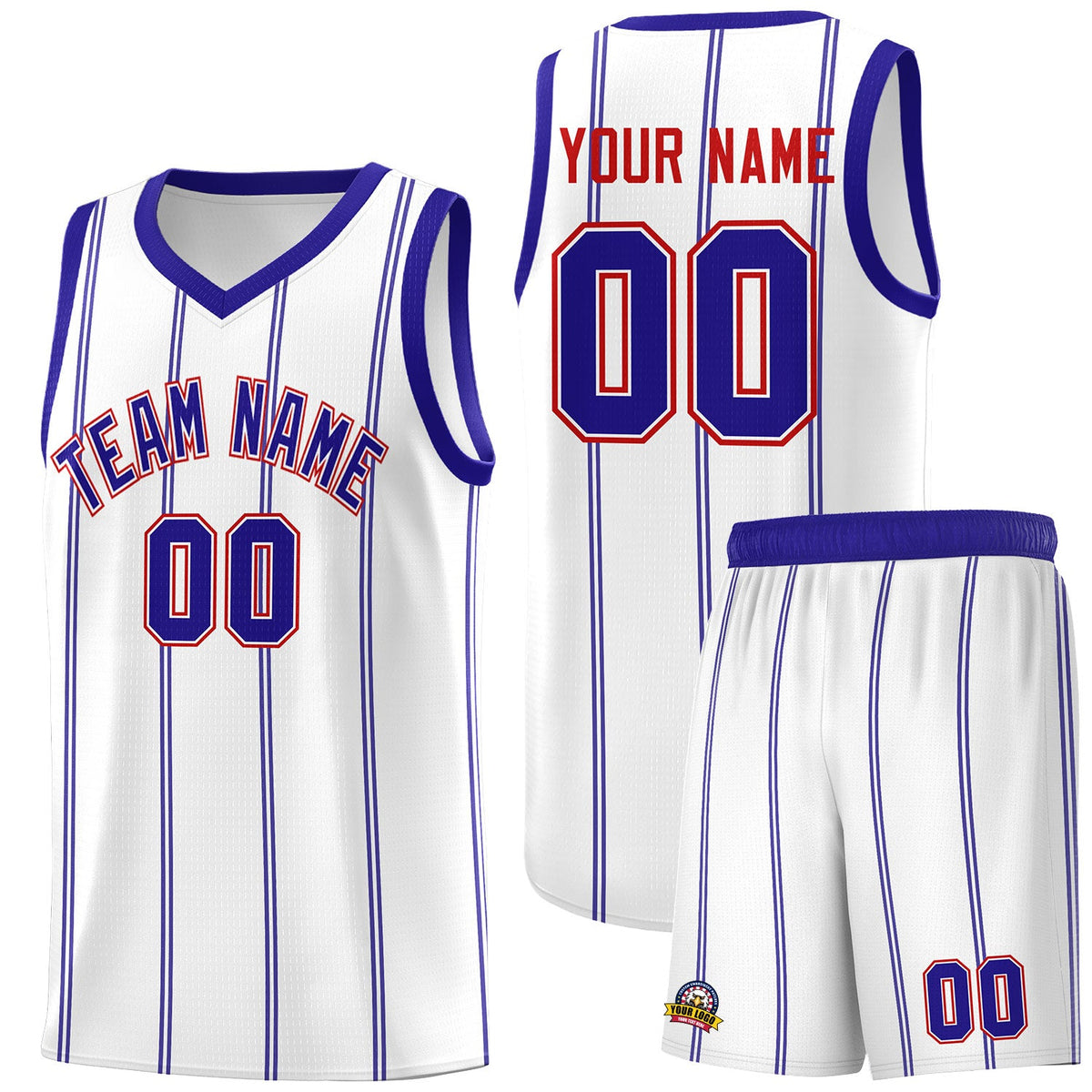 Custom White Royal Blue Red Vertical Stripes Single Sided Sets Basketball Jersey | For Men,Stitched,Perfect for Training,Add Name and Numbern | KXKSHOP