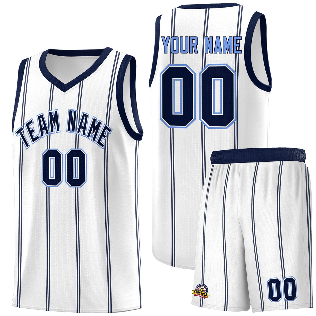 Custom White Navy Light Blue Vertical Stripes Single Sided Sets Basketball Jersey | For Men,Stitched,Perfect for Training,Add Name and Numbern | KXKSHOP