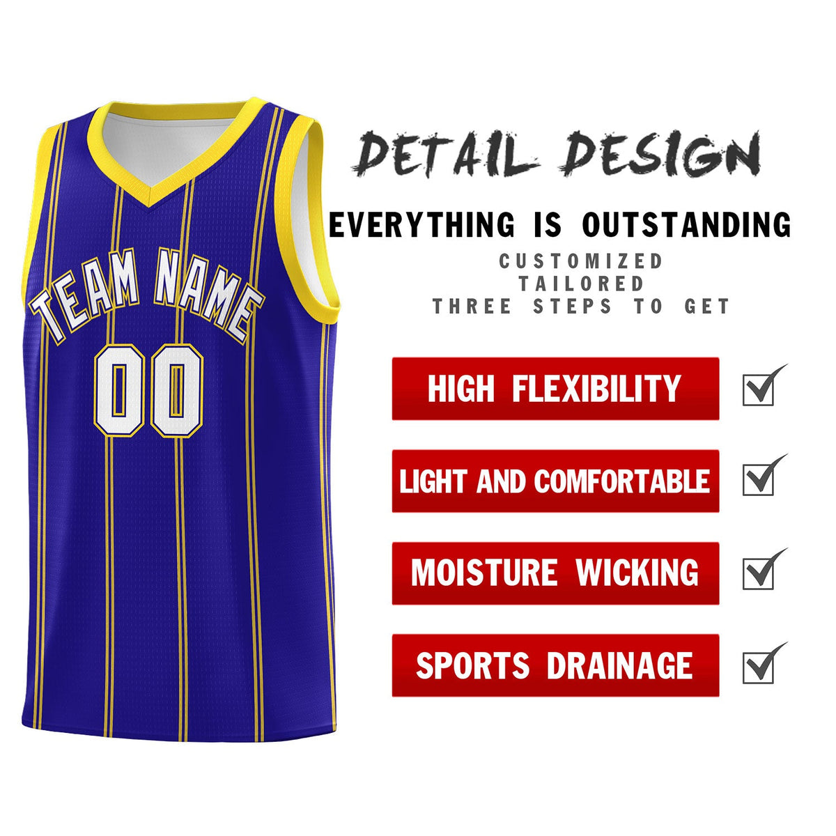 Custom Royal Blue Gold White Vertical Stripes Single Sided Sets Basketball Jersey | For Men,Stitched,Perfect for Training,Add Name and Numbern | KXKSHOP