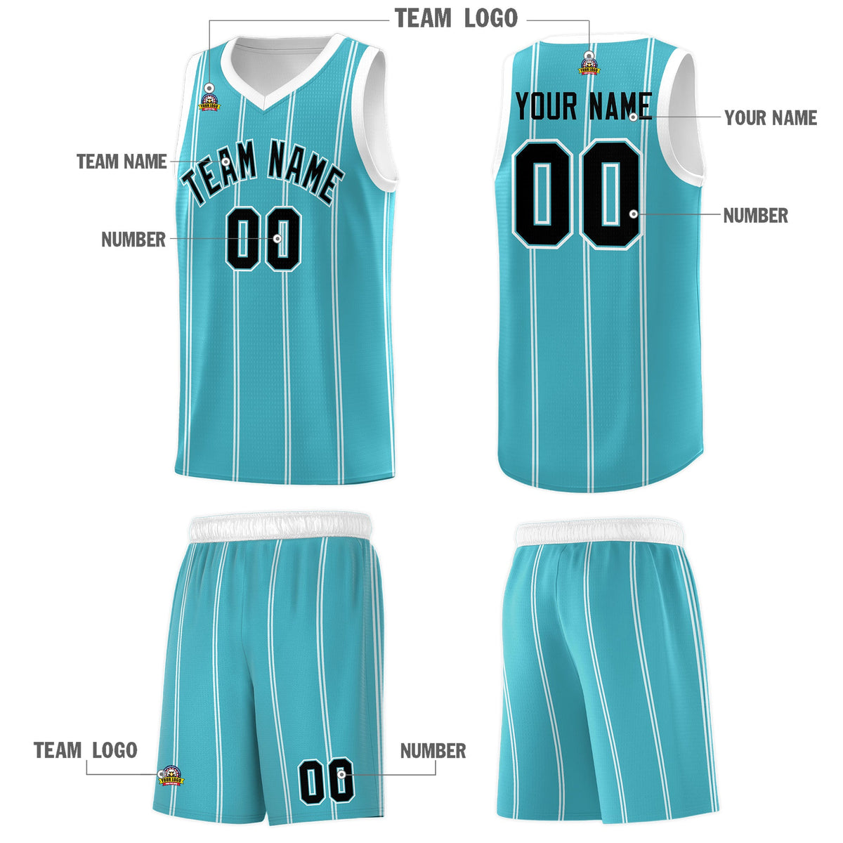 Custom Sky Blue White Black Vertical Stripes Single Sided Sets Basketball Jersey | For Men,Stitched,Perfect for Training,Add Name and Numbern | KXKSHOP