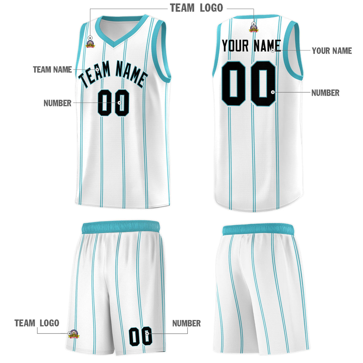 Custom White Sky Blue Black Vertical Stripes Single Sided Sets Basketball Jersey | For Men,Stitched,Perfect for Training,Add Name and Numbern | KXKSHOP