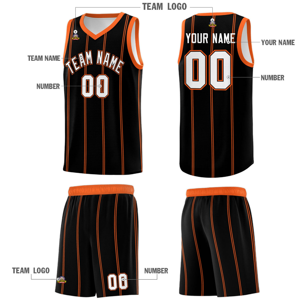 Custom Black Orange White Vertical Stripes Single Sided Sets Basketball Jersey | For Men,Stitched,Perfect for Training,Add Name and Numbern | KXKSHOP