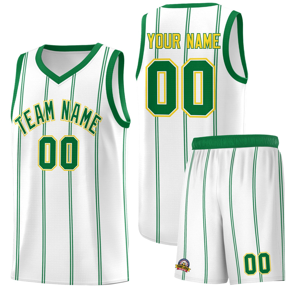 Custom White Kelly Green Gold Vertical Stripes Single Sided Sets Basketball Jersey | For Men,Stitched,Perfect for Training,Add Name and Numbern | KXKSHOP