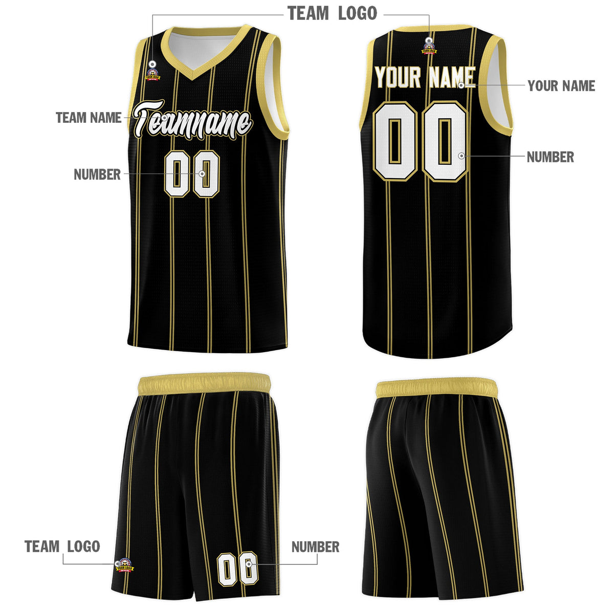 Custom Black Old Gold White Vertical Stripes Single Sided Sets Basketball Jersey | For Men,Stitched,Perfect for Training,Add Name and Numbern | KXKSHOP