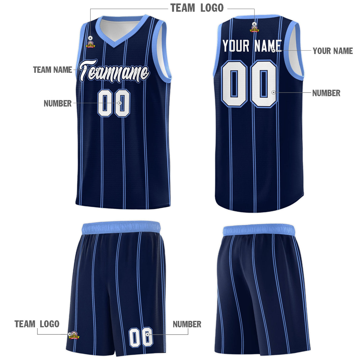 Custom Navy Light Blue White Vertical Stripes Single Sided Sets Basketball Jersey | For Men,Stitched,Perfect for Training,Add Name and Numbern | KXKSHOP