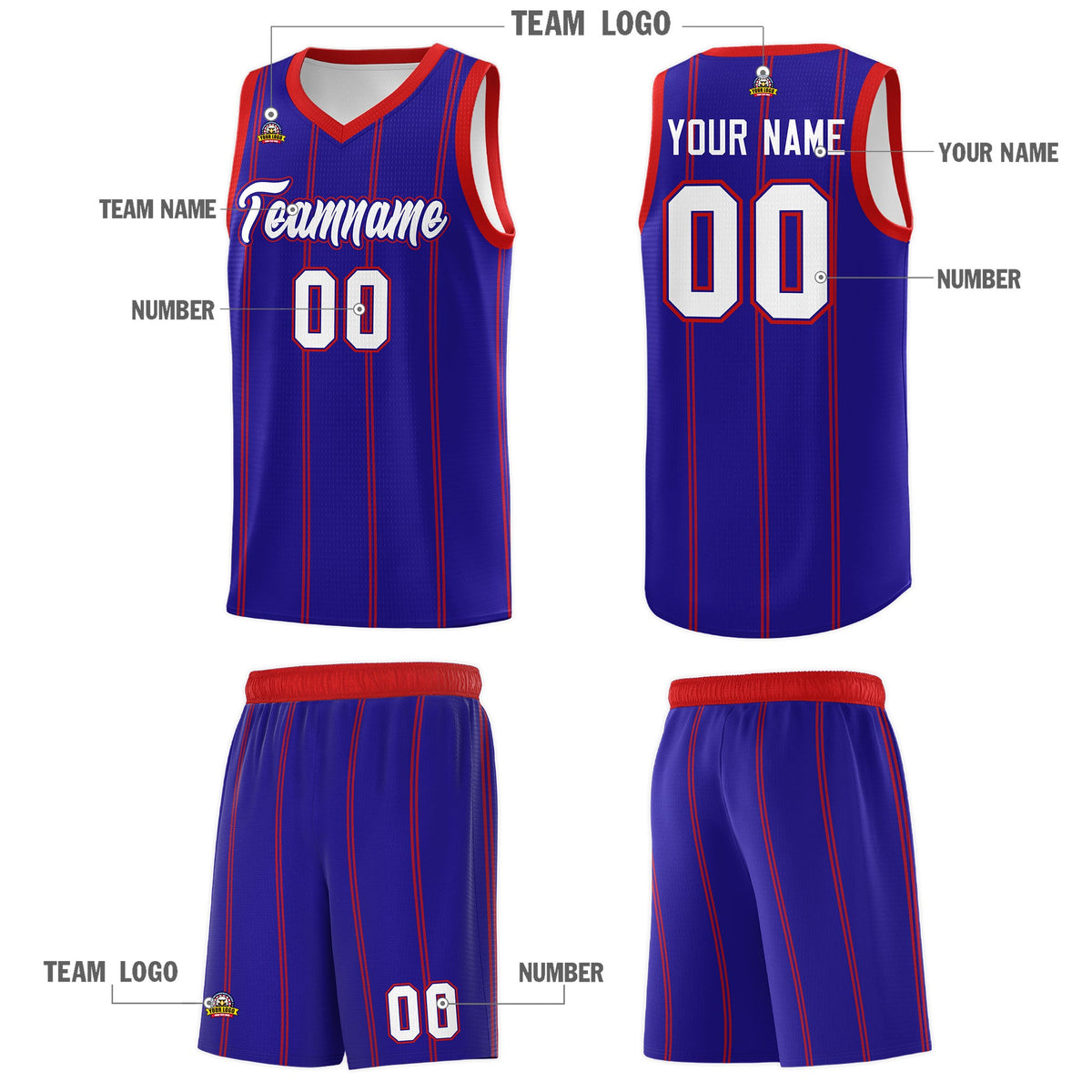 Custom Royal Blue Red White Vertical Stripes Single Sided Sets Basketball Jersey | For Men,Stitched,Perfect for Training,Add Name and Numbern | KXKSHOP