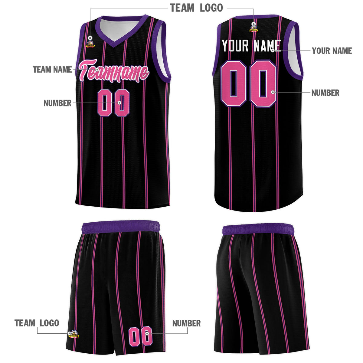 Custom Black Purple Pink White Vertical Stripes Single Sided Sets Basketball Jersey | For Men,Stitched,Perfect for Training,Add Name and Numbern | KXKSHOP