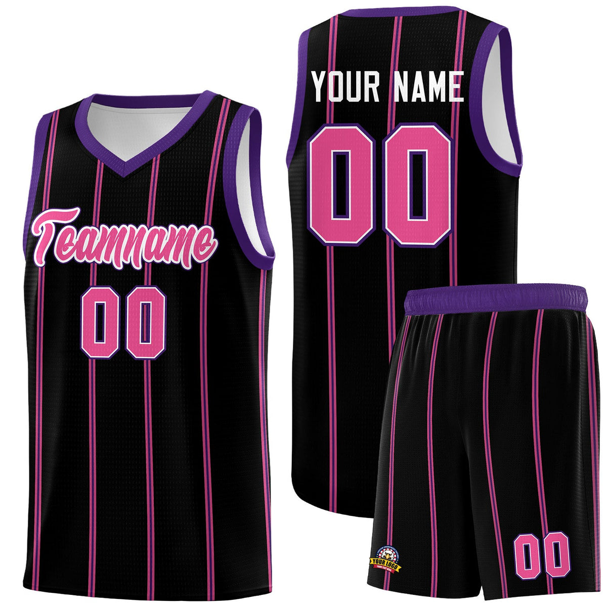Custom Black Purple Pink White Vertical Stripes Single Sided Sets Basketball Jersey | For Men,Stitched,Perfect for Training,Add Name and Numbern | KXKSHOP