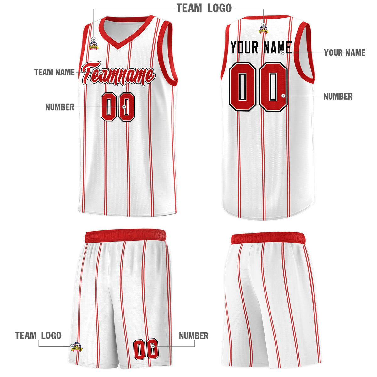 Custom White Red Black Vertical Stripes Single Sided Sets Basketball Jersey | For Men,Stitched,Perfect for Training,Add Name and Numbern | KXKSHOP