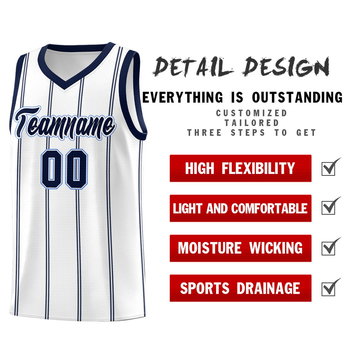 Custom White Navy Light Blue Vertical Stripes Single Sided Sets Basketball Jersey | For Men,Stitched,Perfect for Training,Add Name and Numbern | KXKSHOP