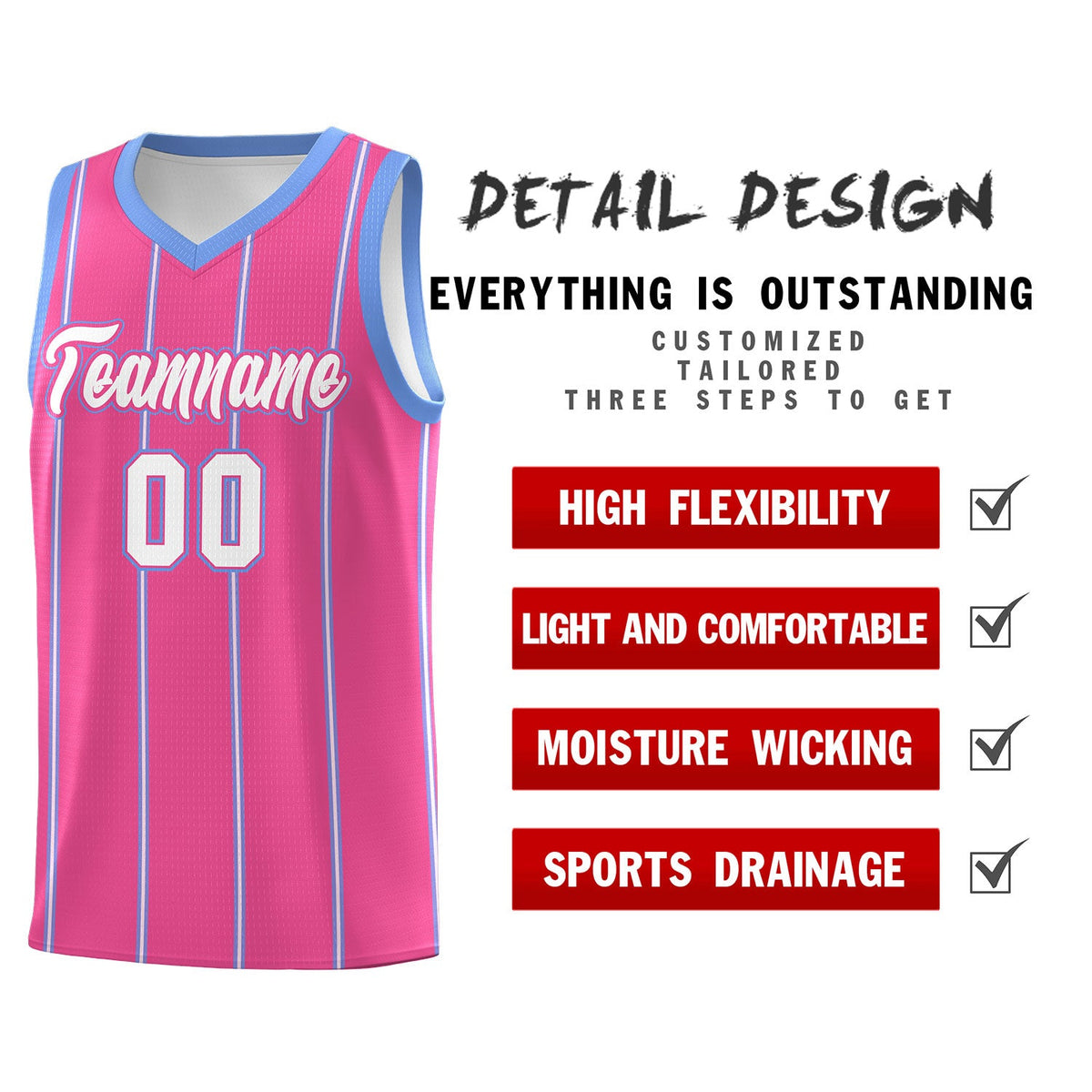 Custom Pink Light Blue White Vertical Stripes Single Sided Sets Basketball Jersey | For Men,Stitched,Perfect for Training,Add Name and Numbern | KXKSHOP