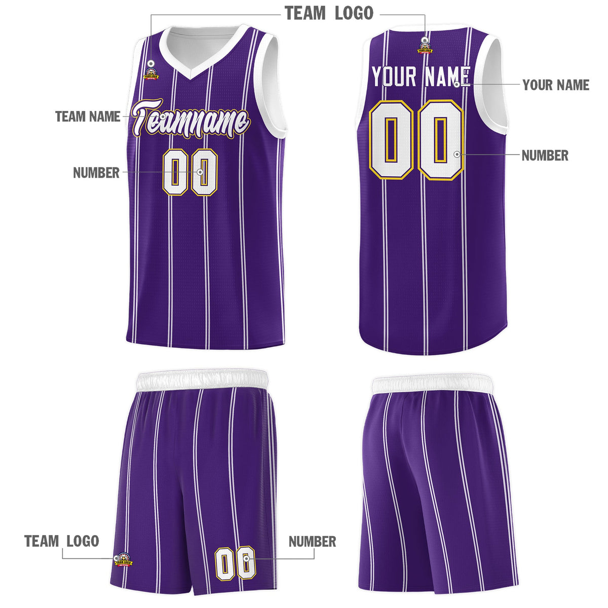 Custom Purple White Gold Vertical Stripes Single Sided Sets Basketball Jersey | For Men,Stitched,Perfect for Training,Add Name and Numbern | KXKSHOP