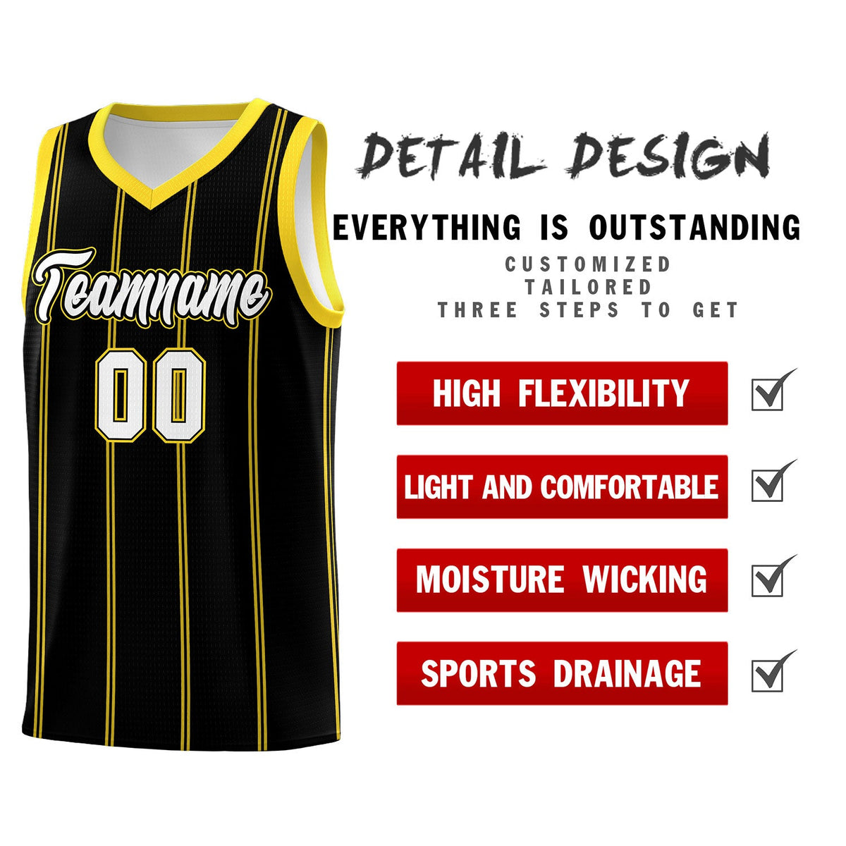 Custom Black Gold White Vertical Stripes Single Sided Sets Basketball Jersey | For Men,Stitched,Perfect for Training,Add Name and Numbern | KXKSHOP