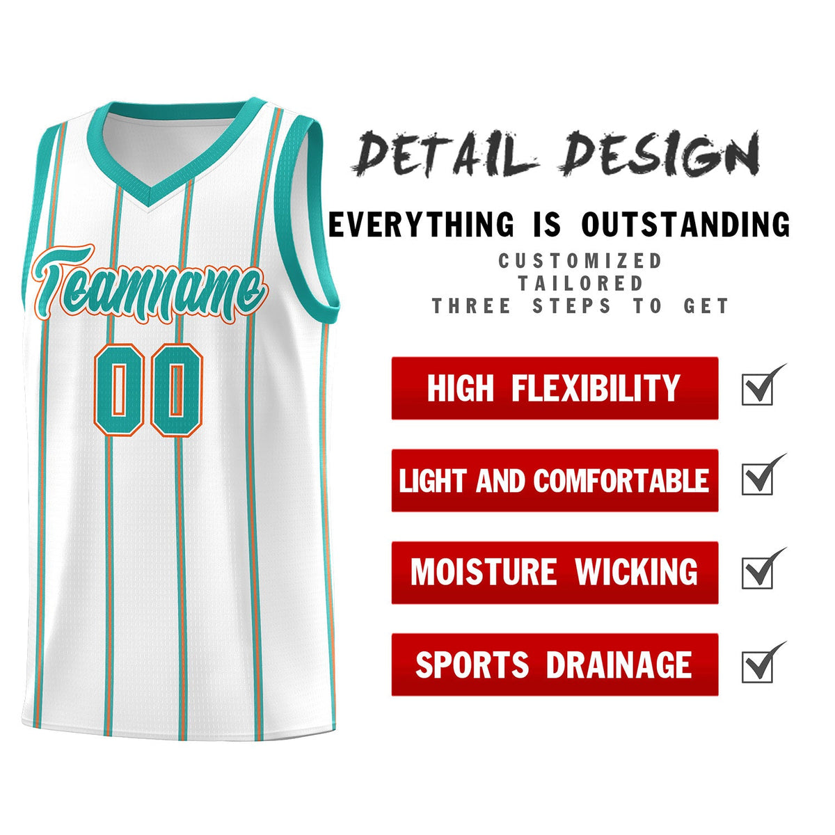 Custom White Aqua Orange Vertical Stripes Single Sided Sets Basketball Jersey | For Men,Stitched,Perfect for Training,Add Name and Numbern | KXKSHOP