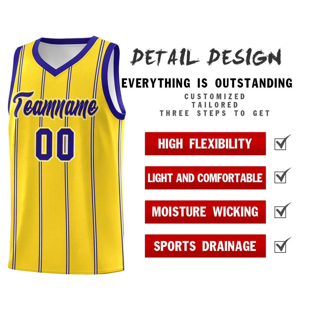 Custom Gold Royal Blue White Vertical Stripes Single Sided Sets Basketball Jersey | For Men,Stitched,Perfect for Training,Add Name and Numbern | KXKSHOP