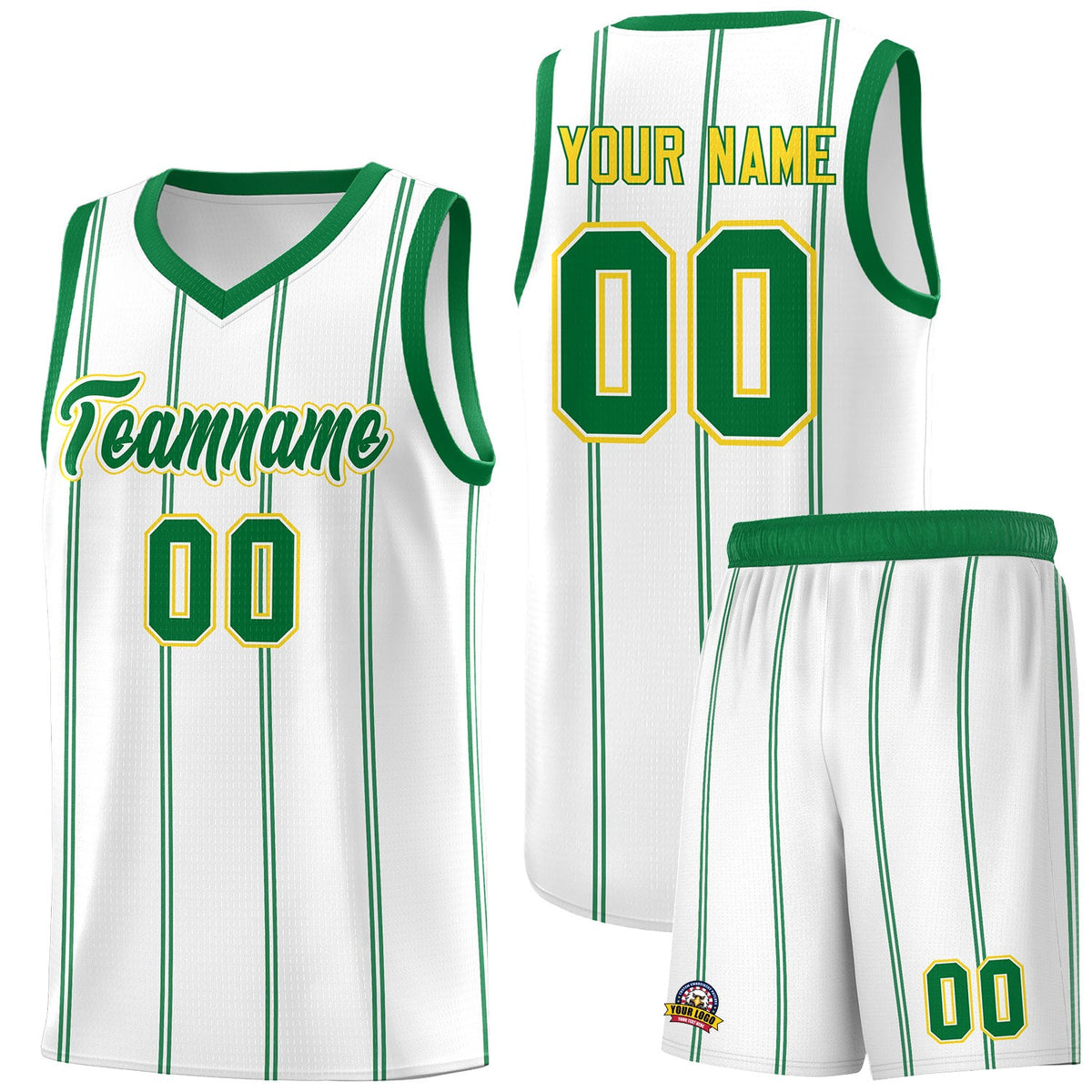 Custom White Kelly Green Gold Vertical Stripes Single Sided Sets Basketball Jersey | For Men,Stitched,Perfect for Training,Add Name and Numbern | KXKSHOP