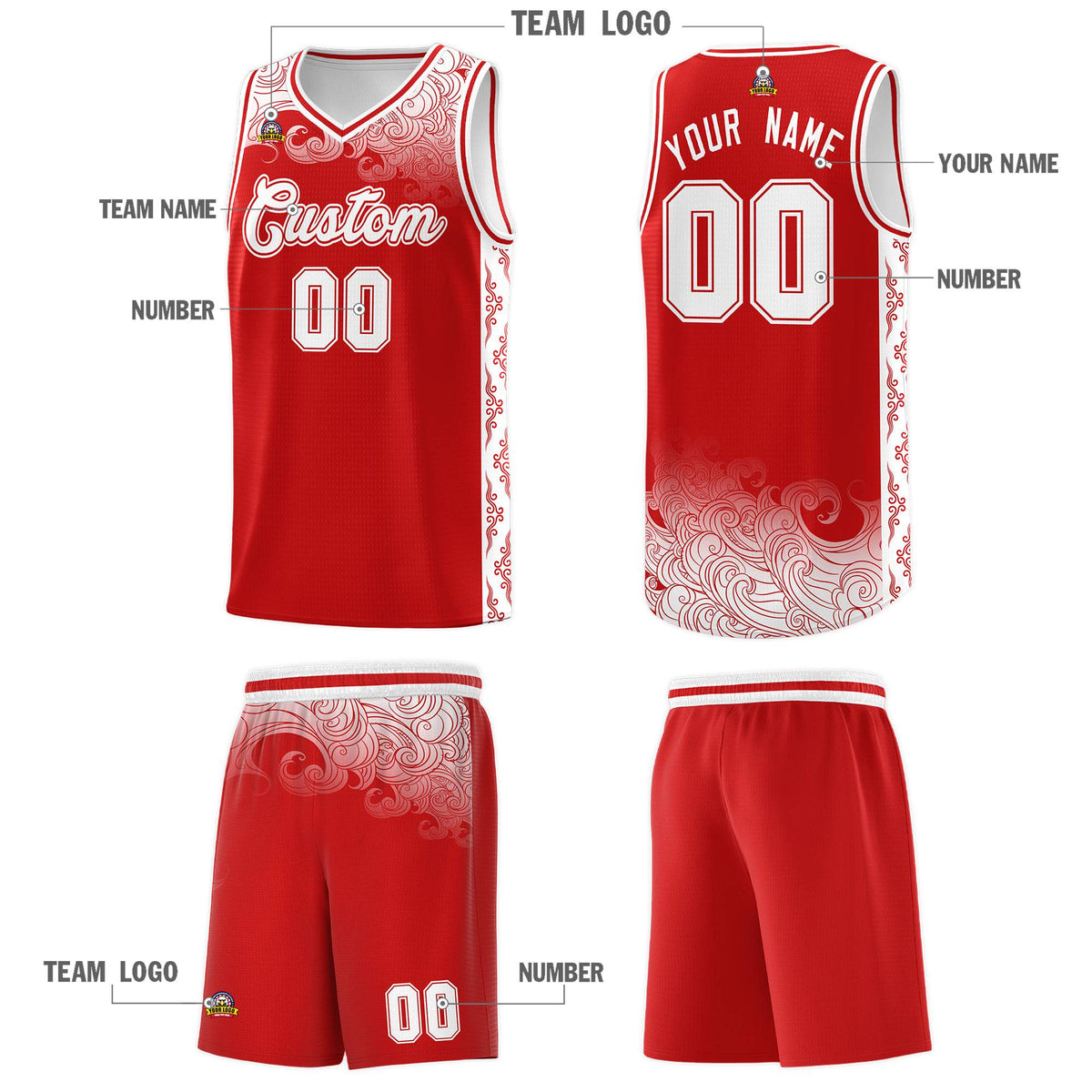 Custom Red Personalized Cloud Pattern Sports Kits Uniform Basketball Jersey|KXKSHOP