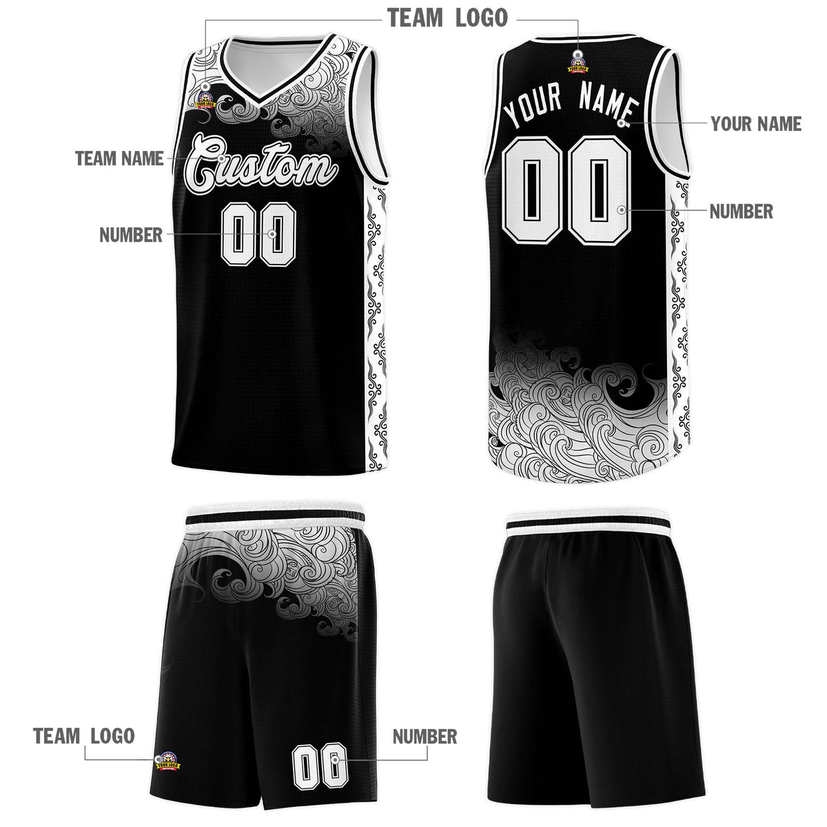 Custom Black Personalized Cloud Pattern Sports Kits Uniform Basketball Jersey|KXKSHOP