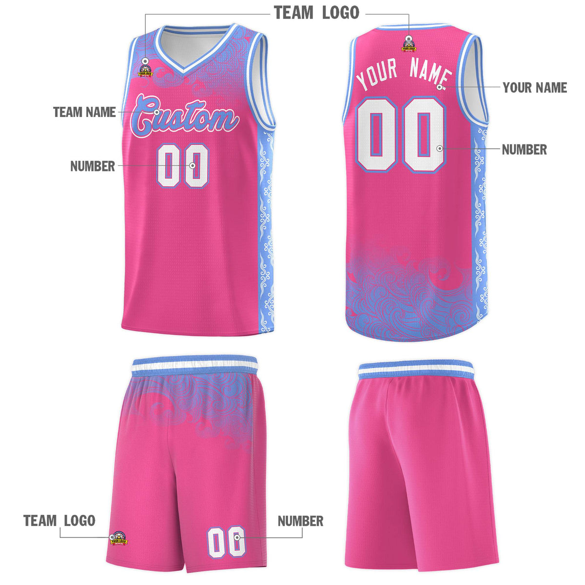 Custom Pink Personalized Cloud Pattern Sports Kits Uniform Basketball Jersey|KXKSHOP