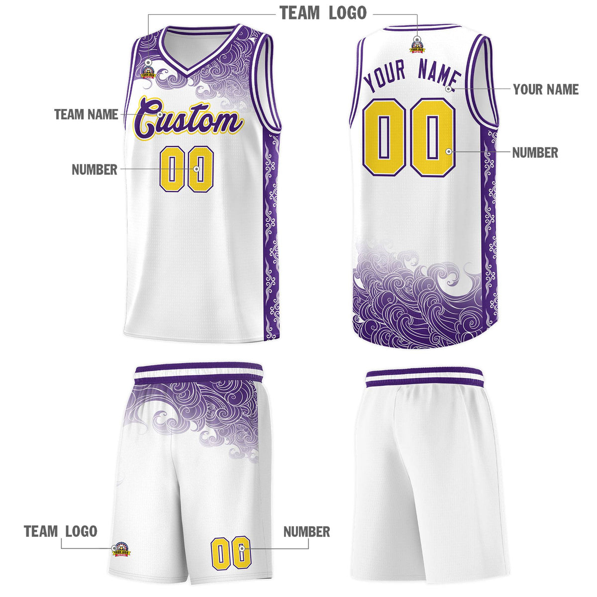 Custom White Personalized Cloud Pattern Sports Kits Uniform Basketball Jersey|KXKSHOP