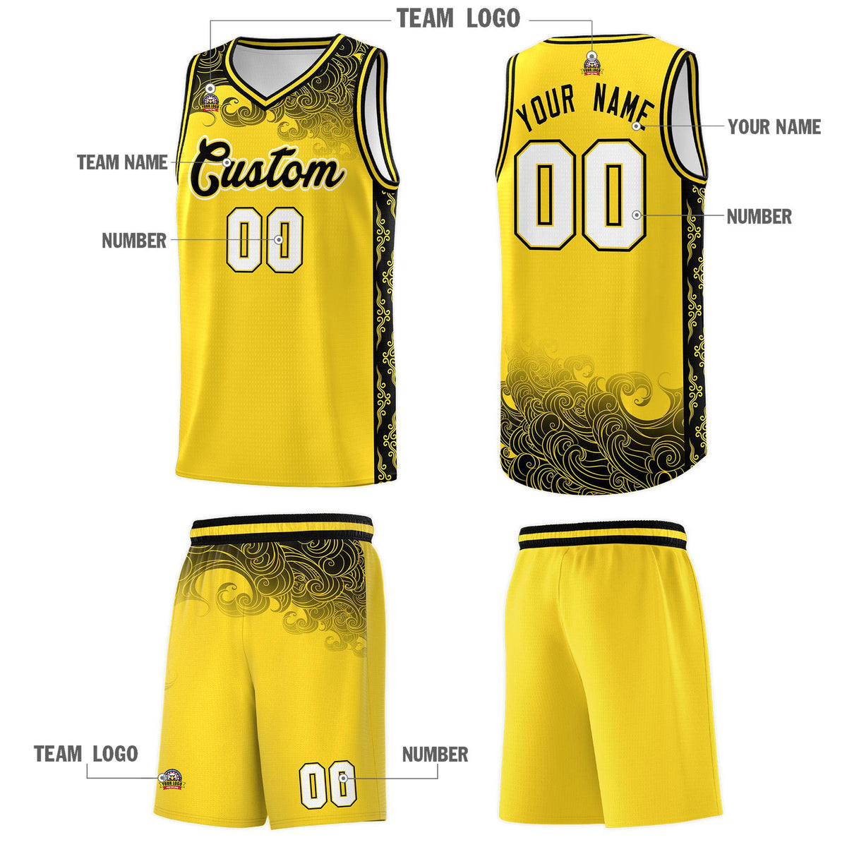 Custom Gold Personalized Cloud Pattern Sports Kits Uniform Basketball Jersey|KXKSHOP