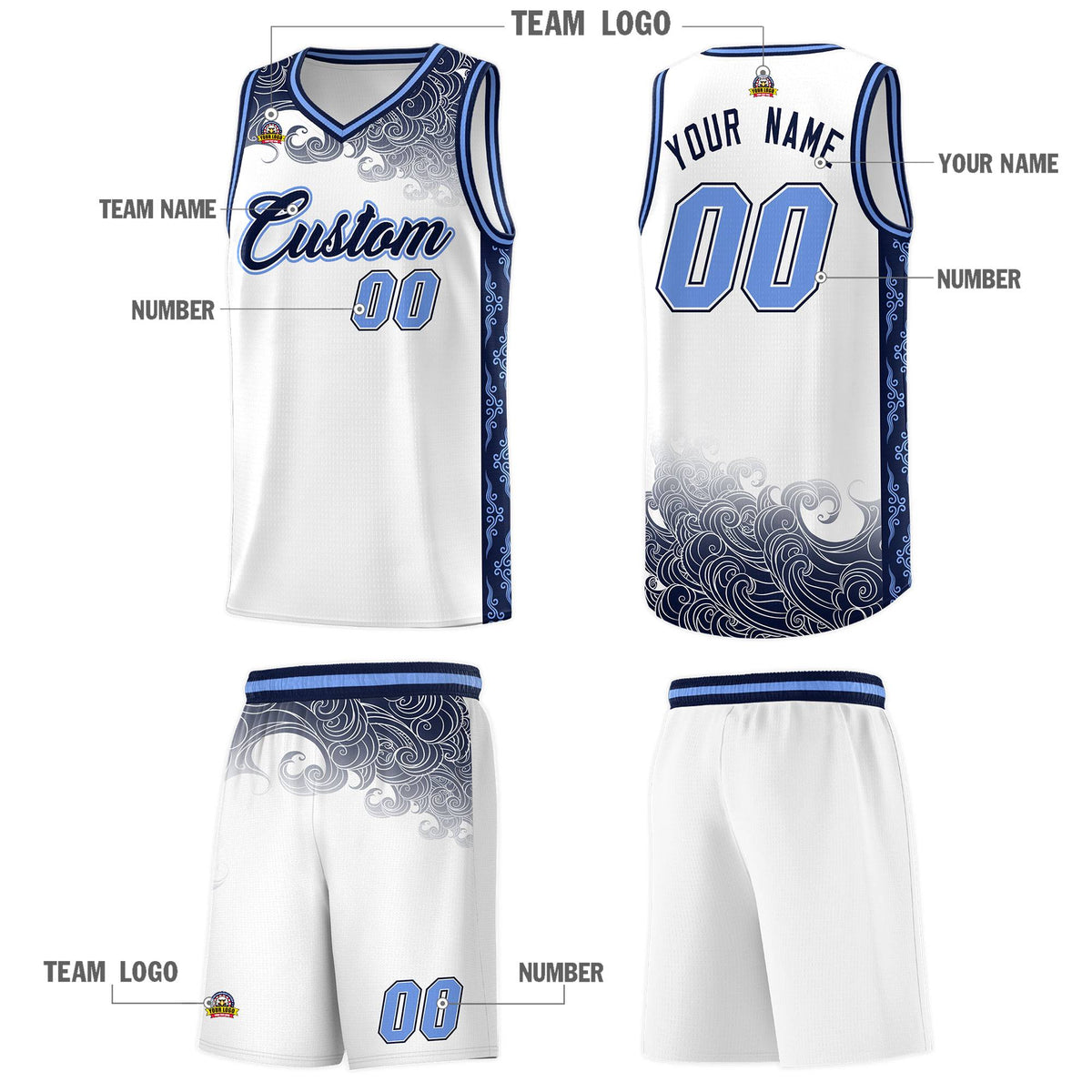 Custom White Personalized Cloud Pattern Sports Kits Uniform Basketball Jersey|KXKSHOP