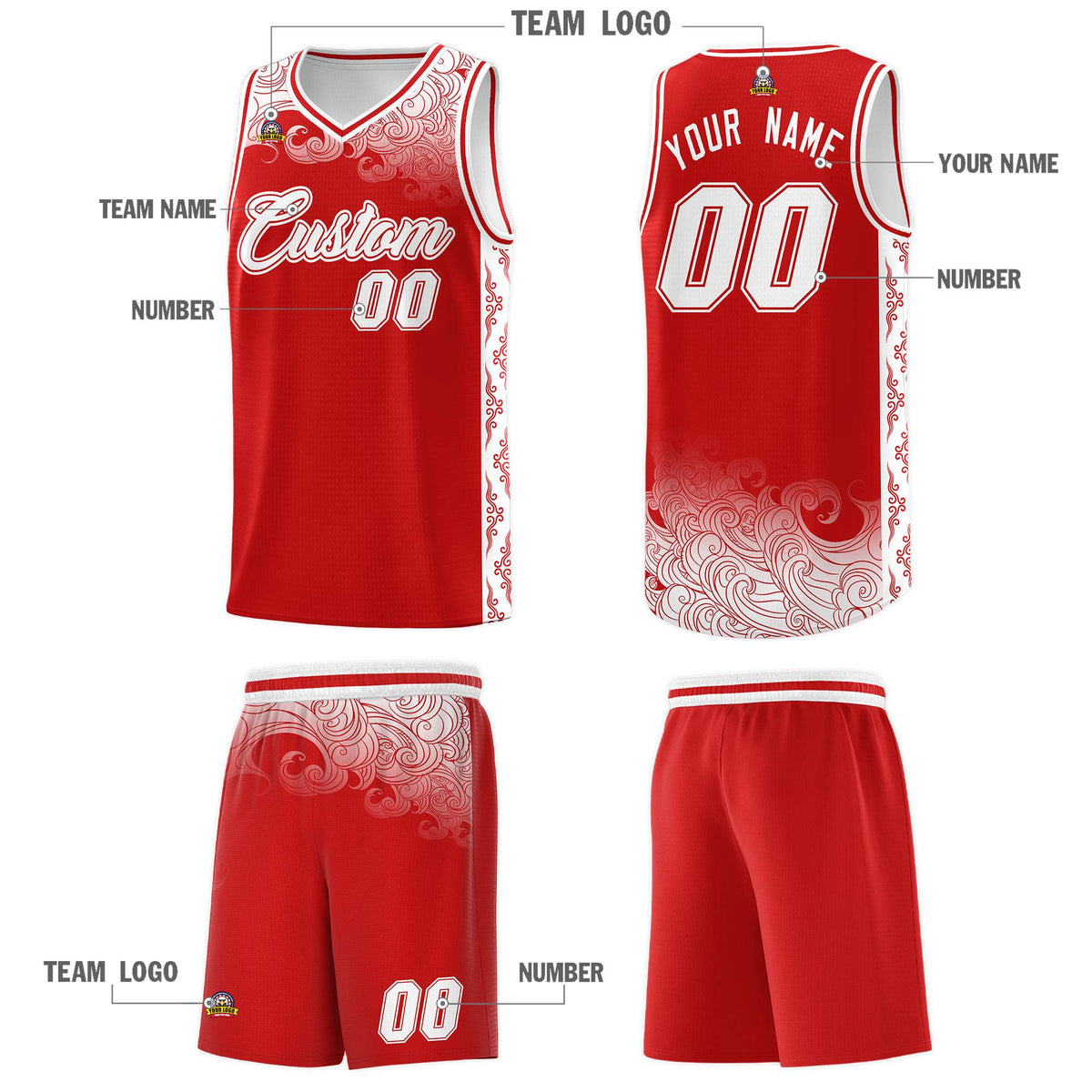 Custom Red Personalized Cloud Pattern Sports Kits Uniform Basketball Jersey|KXKSHOP