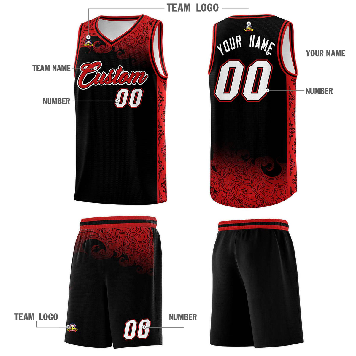 Custom Black Personalized Cloud Pattern Sports Kits Uniform Basketball Jersey|KXKSHOP