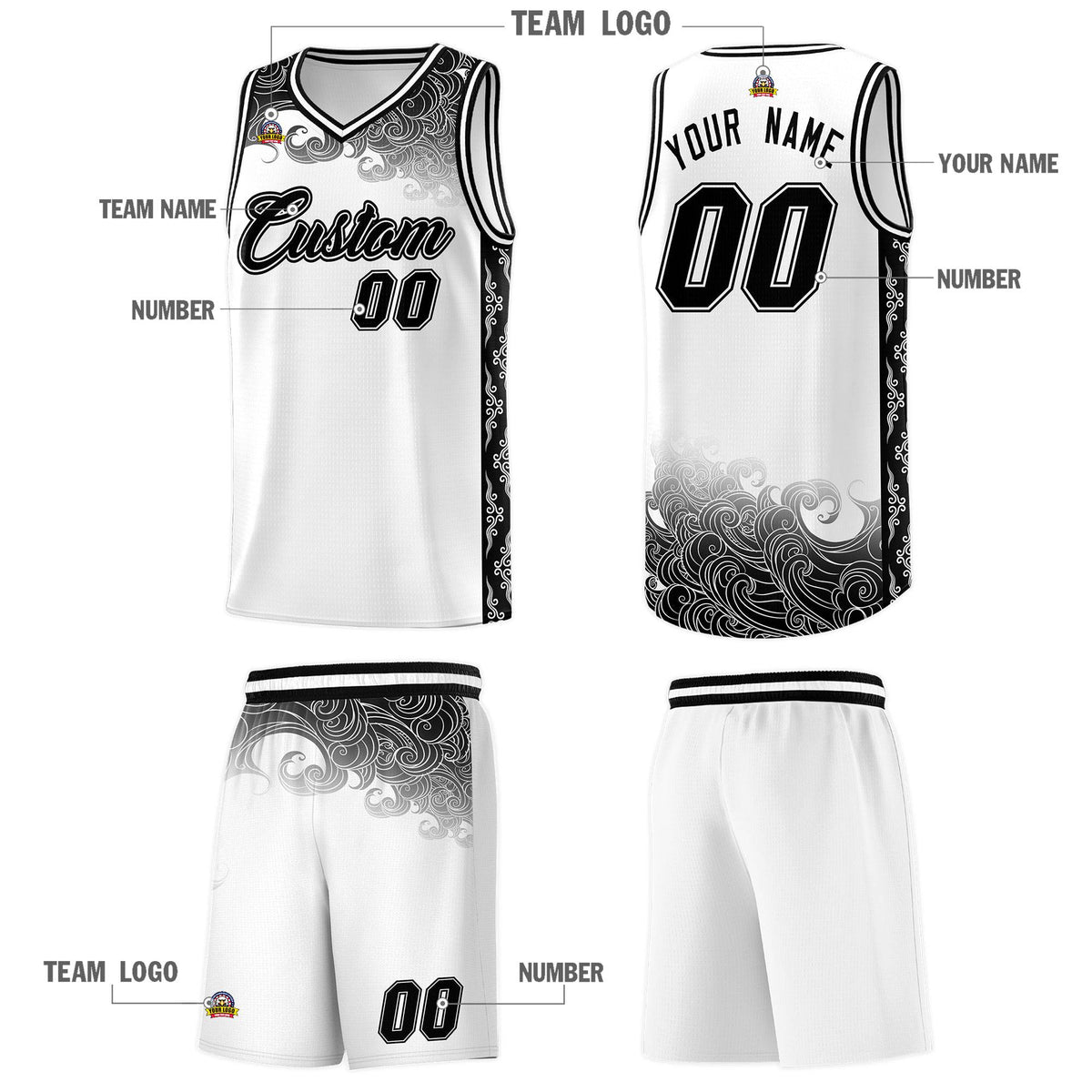 Custom White Personalized Cloud Pattern Sports Kits Uniform Basketball Jersey|KXKSHOP